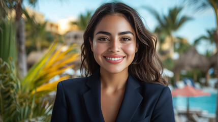 Beautiful Mexican woman hostess at a tropical event at a beach resort