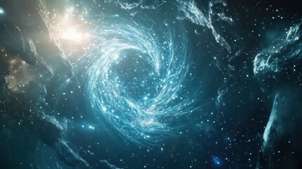 Abstract Cosmic Swirl in Blue, Teal, and Silver with Soft Glowing Stardust