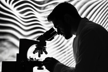 A scientist's silhouette intently examines a sample under a microscope in a laboratory setting.