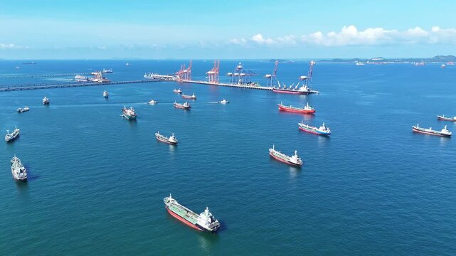 A lot of Oil Crude Gas Tanker Ship, Cargo container Ship offshore mooring at Ocean Bay Petroleum Chemical export import transportation and logistics
