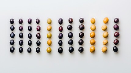 A minimalistic display of assorted olives, their smooth skin and rich hues arranged in a clean, orderly fashion on a white background