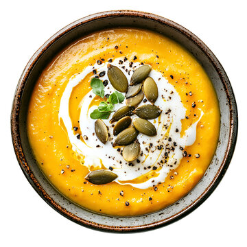 Creamy pumpkin soup garnished with pepitas and a swirl of cream.  A warm and comforting autumnal dish.