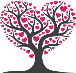 Fototapeta premium Heart-Shaped Tree with Pink Heart Leaves, Black Silhouette, and Minimalist Valentine's Day Design