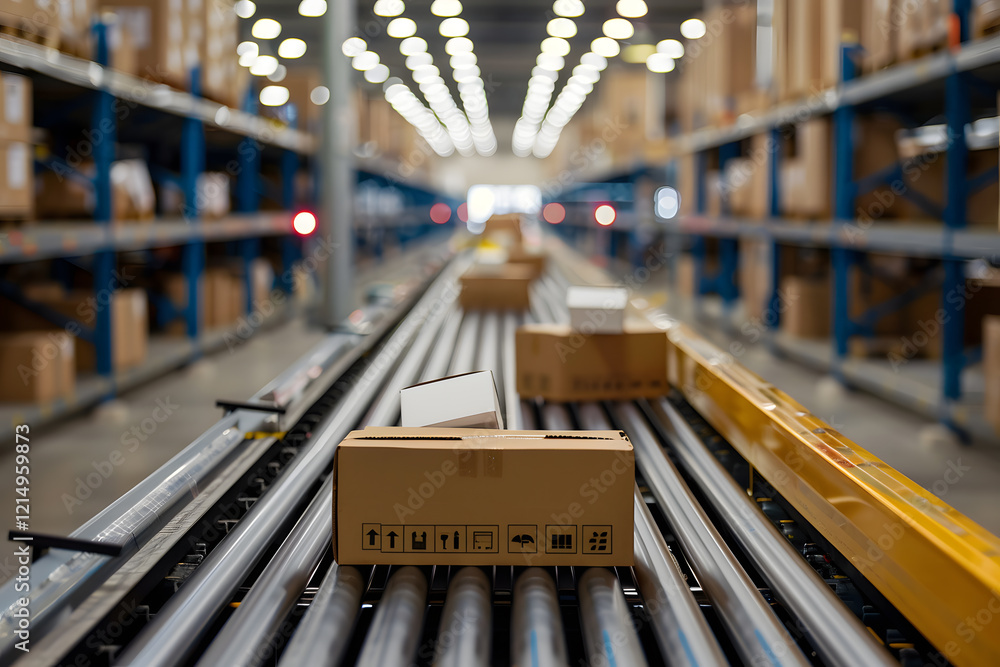 Poster automated warehouse conveyor system in operation