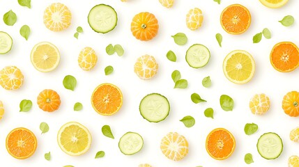 A medley of sliced and whole citrus fruits, with the vibrant orange, yellow, and green hues creating a beautiful contrast on a white backdrop