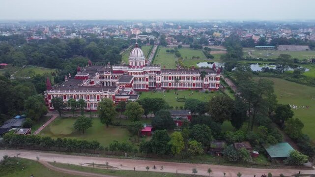 Historical monument Cooch Behar palace and museum on the bank of River Torsa in Cooch Behar city, West Bengal, Drone shot