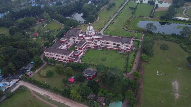 Historical monument Cooch Behar royal palace and museum surrounded by green parks in Cooch Behar city, West Bengal, Drone shot