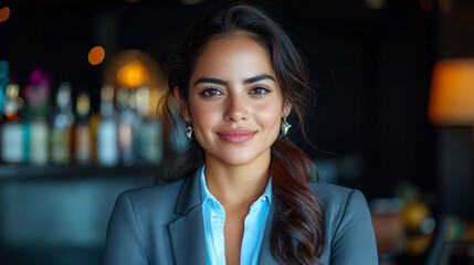 Mexican woman hostess smiling warmly in an elegant venue