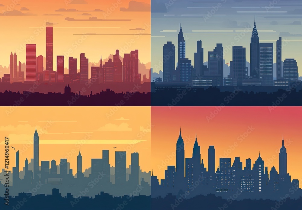 Poster six different skylines in a vector style each