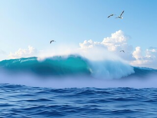 Obraz premium A majestic wave breaks through a layer of turquoise and purple clouds against a light blue sky with fluffy white clouds and a few seagulls flying in the air, ocean waves, beach scenery