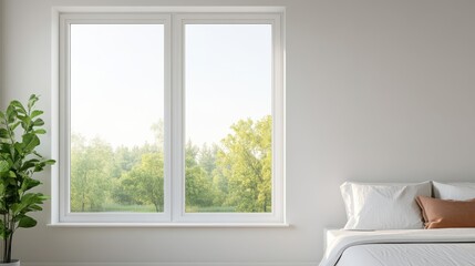 Fototapeta premium A serene bedroom scene featuring a large window with green outdoor views, a cozy bed, and a touch of nature inside.