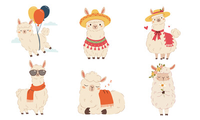 Vector set of flat vector illustrations in a simple children's style. Cute llama in straw hat, flying balloons, wearing Mexican hat and sunglasses. Vector illustration © Alena