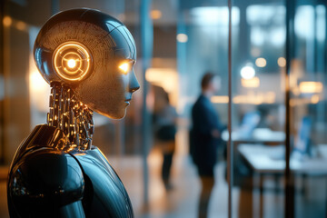 Futuristic innovative AI driven modern business office environment, agentic artificial intelligence, cybernetic, new ways of working, collaboration, creativity, ground breaking change