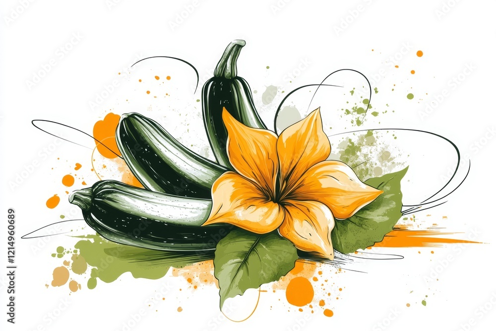 Poster a simple, elegant depiction of a zucchini flower and leaf, drawn in a minimalist style with subtle y