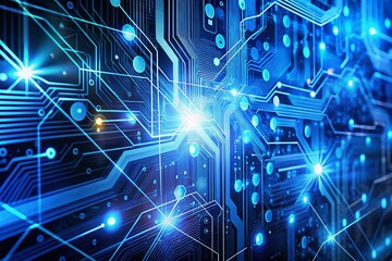 Fototapeta premium Futuristic Blue Tech Background: Abstract Circuit Board Design with Glowing Lines
