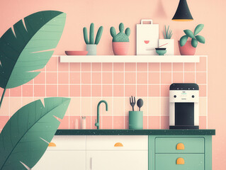 cozy kitchen scene featuring plants, coffee maker, and utensils. pastel colors create warm and inviting atmosphere
