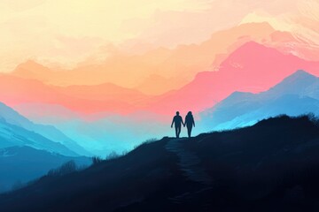 Silhouetted couple holding hands, walking a mountain path at sunset, overlooking a vibrant, colorful landscape.