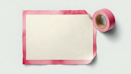 Blank creamy paper bordered with pink watercolor paper & a roll of pink tape;  ideal for design mockups, stationery, or crafting projects.