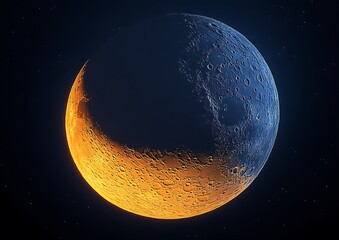 Crescent moon, half illuminated, orange and blue hues.