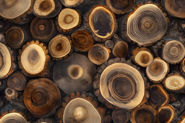 Close-up of stacked tree trunk cross-sections with visible growth rings and rich wood textures, symbolizing natural materials, forestry, sustainability, beauty of organic patterns in rustic designs