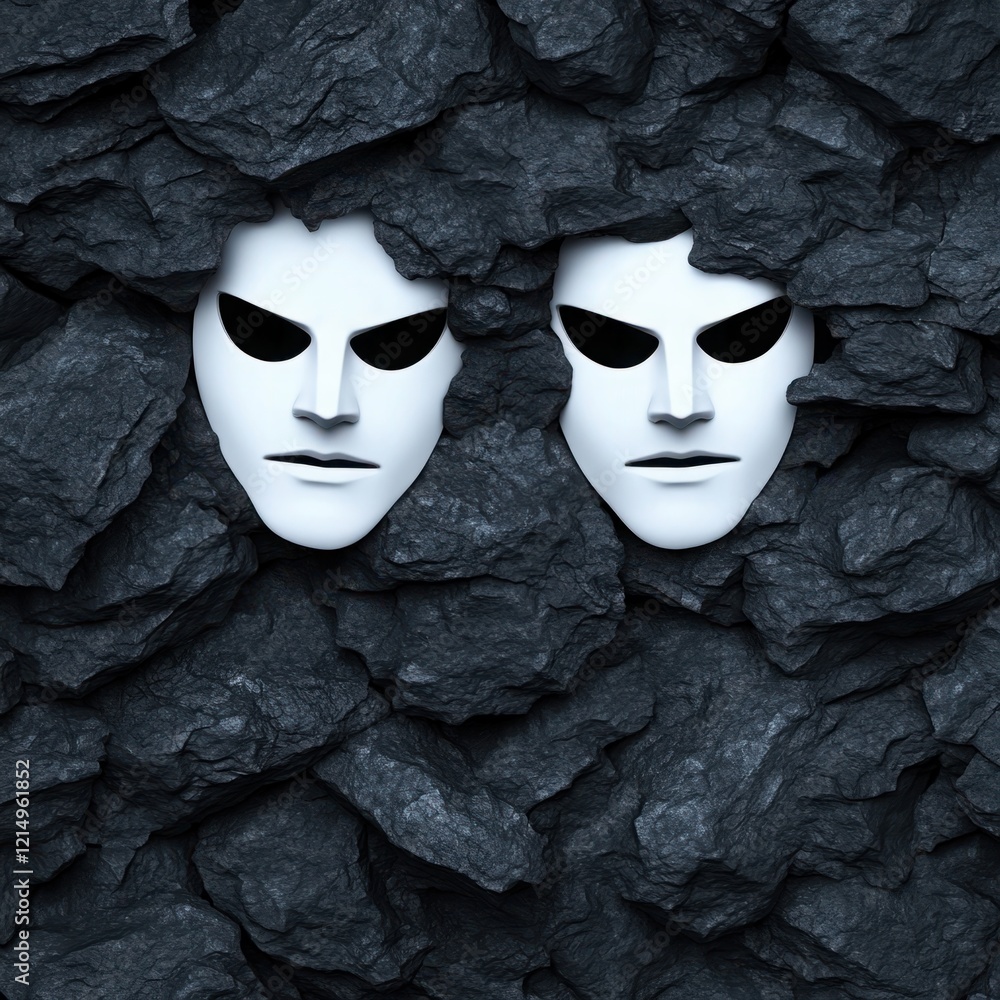 Poster mysterious masks emerging from dark rocky background representing duality and hidden emotions in an 