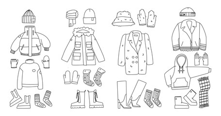 Clothing, shoes and accessories. Sets of clothes and shoes for winter and autumn. Flat vector illustration eps10