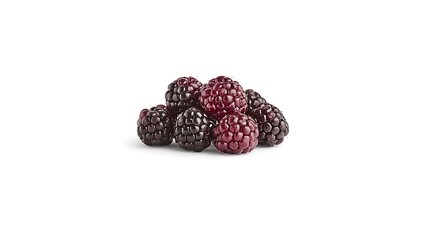 Several ripe blackberries grouped together, their rich dark hue standing out against a simple white backdrop
