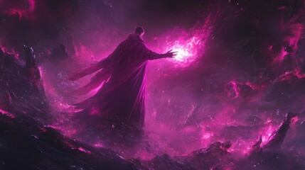 Cosmic Wizard Casting a Spell in a Purple Nebula