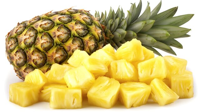 A combination of whole pineapples and freshly diced pineapple chunks scattered on a white backdrop, showcasing the juicy texture of the fruit