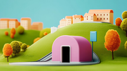 A colorful, whimsical landscape featuring a pink structure on a hill, surrounded by vibrant trees and stylized buildings in the background.