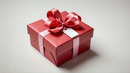 Fototapeta premium Elegant red gift box with pink ribbon and blank tag, perfect for Valentine's Day, birthdays, or any special occasion. High-quality studio shot.