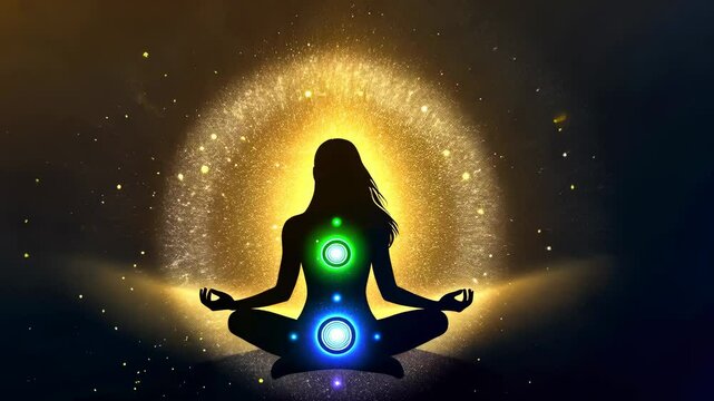serene silhouette meditating starry sky.woman practices meditation cosmos-inspired setting.body radiates glowing chakra points,enhancing tranquil atmosphere.image encapsulates peaceful escape