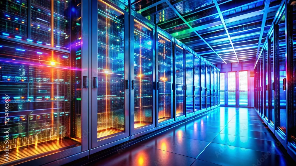 Poster futuristic data center server rack: blurred view of electronic components and digital control panel