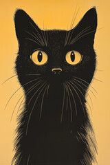 Obraz premium A vintage poster of a black cat with yellow eyes set against a warm orange backdrop.
