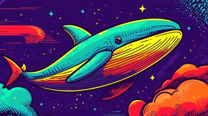 Vibrant and Colorful Graphic Illustration of a Whale Swimming in a Dreamlike Cosmic Environment with Stars and Clouds