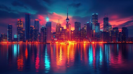Obraz premium Vibrant city skyline reflections at night with colorful lights over water