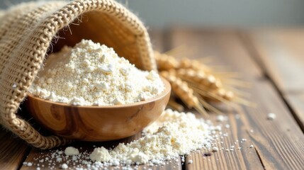 A wooden bowl brimming with freshly milled grain flour, gently spilling onto a rustic wooden surface, nestled beside a burlap sack and wheat stalks.