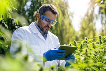 A man scientist in a white lab coat, protective glasses and blue gloves examining a cannabis plant. A Caucasian male is studying hemp for research or quality control. Medical inspect of hemp plants.