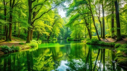 A lush green forest with tall trees and vibrant foliage surrounding a serene pond, pond, flora, landscape, foliage