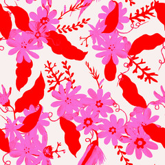 Abstract Hand Drawing Two Colors Flowers and Leaves Seamless Vector Pattern Isolated Background Seamless vector floral pattern in Hawaiian style with big flowers. Silhouette flower pattern for textile