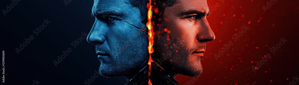 Poster dramatic portrait of a duality concept showcasing a blue and red color scheme symbolizing conflict, 