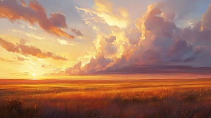 Golden sunset over vast prairie; idyllic landscape; peaceful evening scene; nature background; perfect for travel brochures