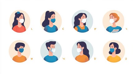 Fototapeta premium Icon set depicting diverse individuals practicing preventive healthcare through mask-wearing