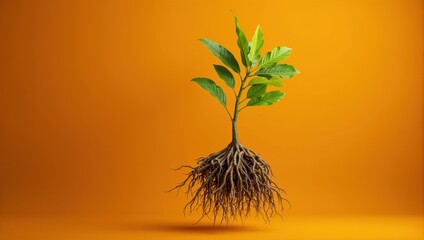 Obraz premium Young Plant with Exposed Roots against Orange Background