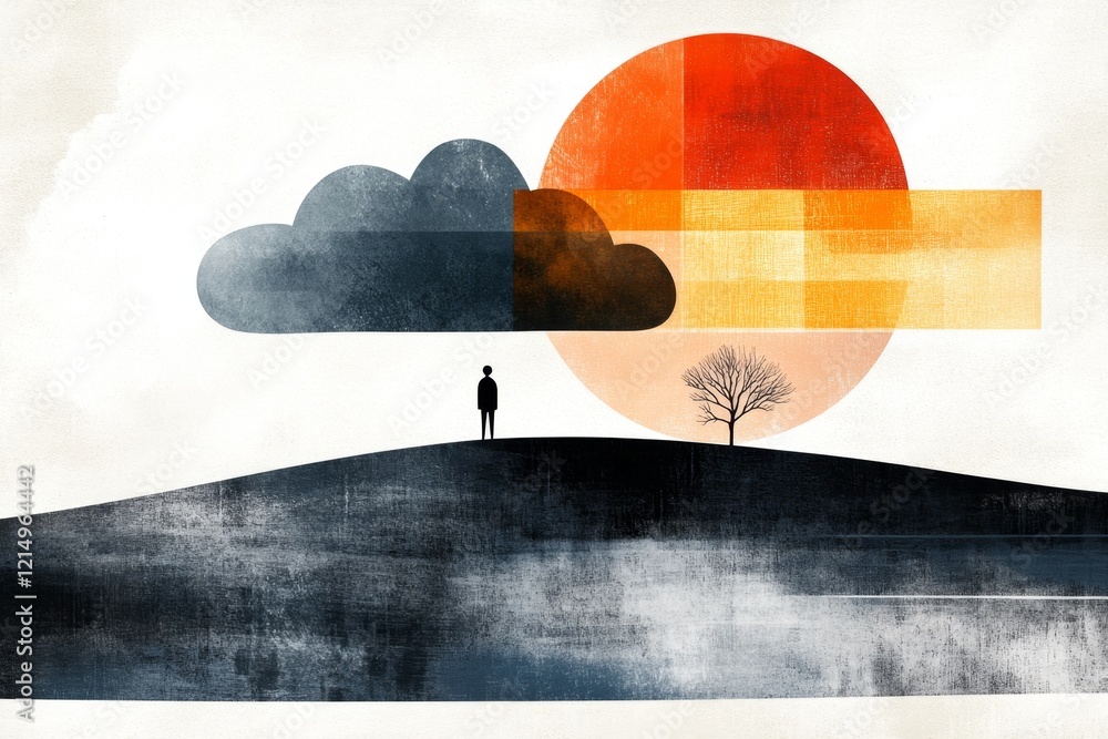 Poster a stylized representation of a storm cloud hovering over a small figure, using geometric shapes and 