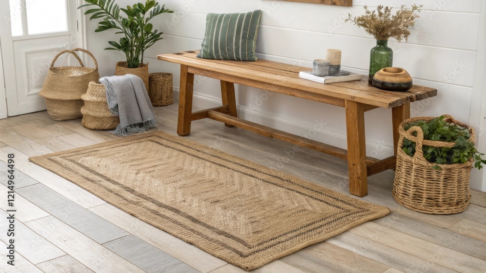 Poster a jute rug lies beneath the bench adding texture and warmth to the space perfectly complementing the