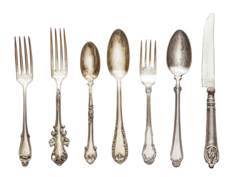 Isolated Antique Silver Cutlery Set
