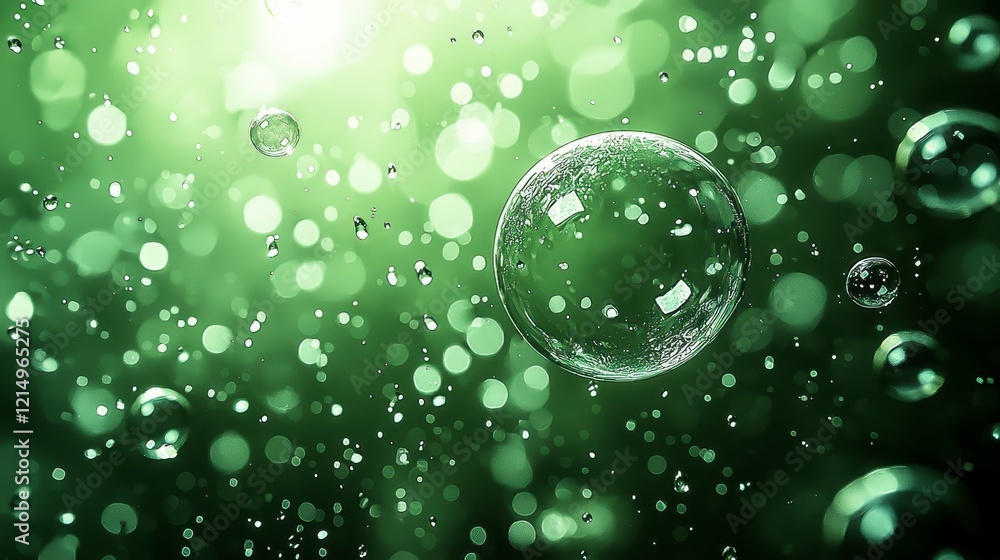 Poster abstract green background with floating bubbles and bokeh lights.