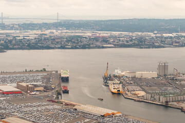 Port of Newark, New Jersey, USA - Aerial view of a shipping channel at the Port of Newark in...