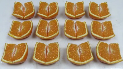 A symmetrical arrangement of orange slices in a grid layout on a plain white background, showcasing...